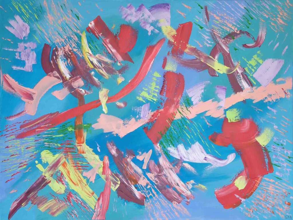 "Easter Bonnet" - Abstract Acrylic Art in soft coral reds, lavender, and spring greens featuring a subtle hidden profile of a woman wearing a bonnet. By Geoff Swetz
