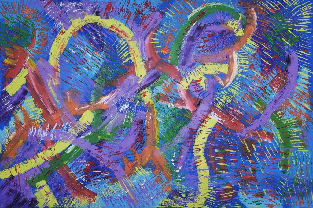 "Yellow Road to Nowhere" - Abstract landscape featuring sweeping yellow curves winding through blues, purples, and greens with rich texture. By Geoff Swetz