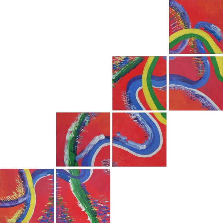 "Burned Bridges" - a continuous stepped abstract art over 7 different 12x12 panels