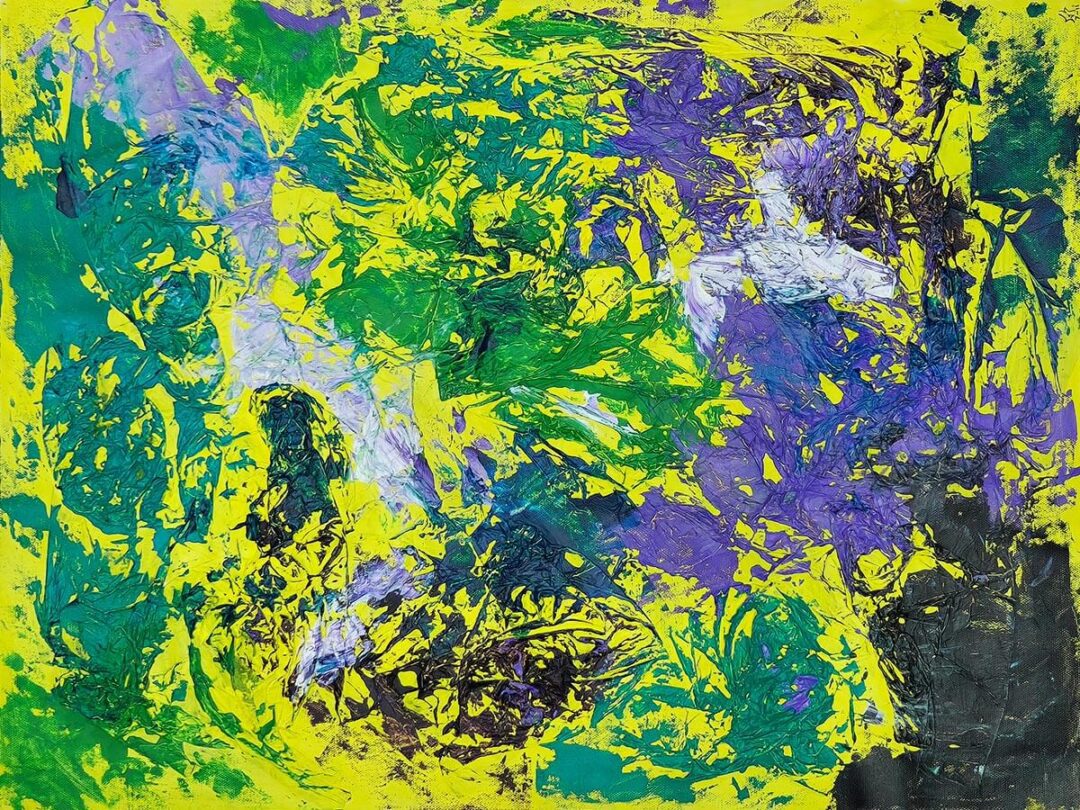 Abstract painting "All Mixed Up", flipped 180 degrees to reframe vibrant yellow and purple textures