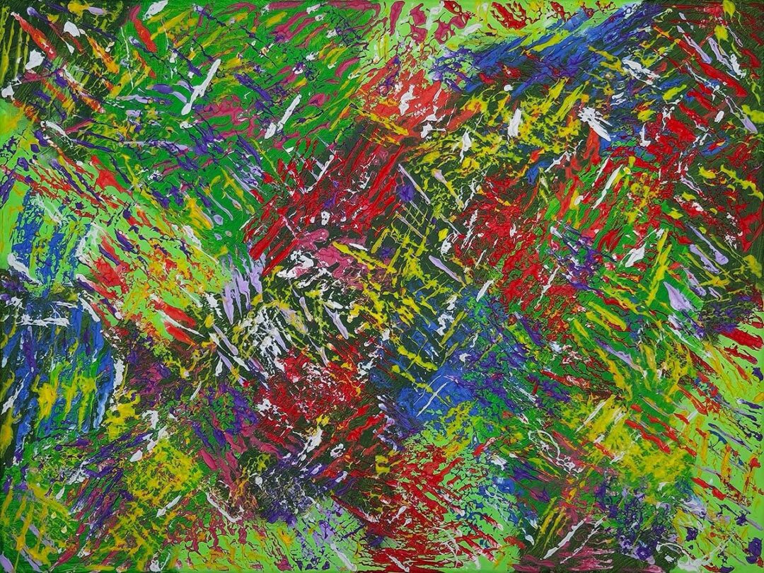 "Blood on the Carpet" abstract acrylic painting by Geoff Swetz, intense reds clash with soft background