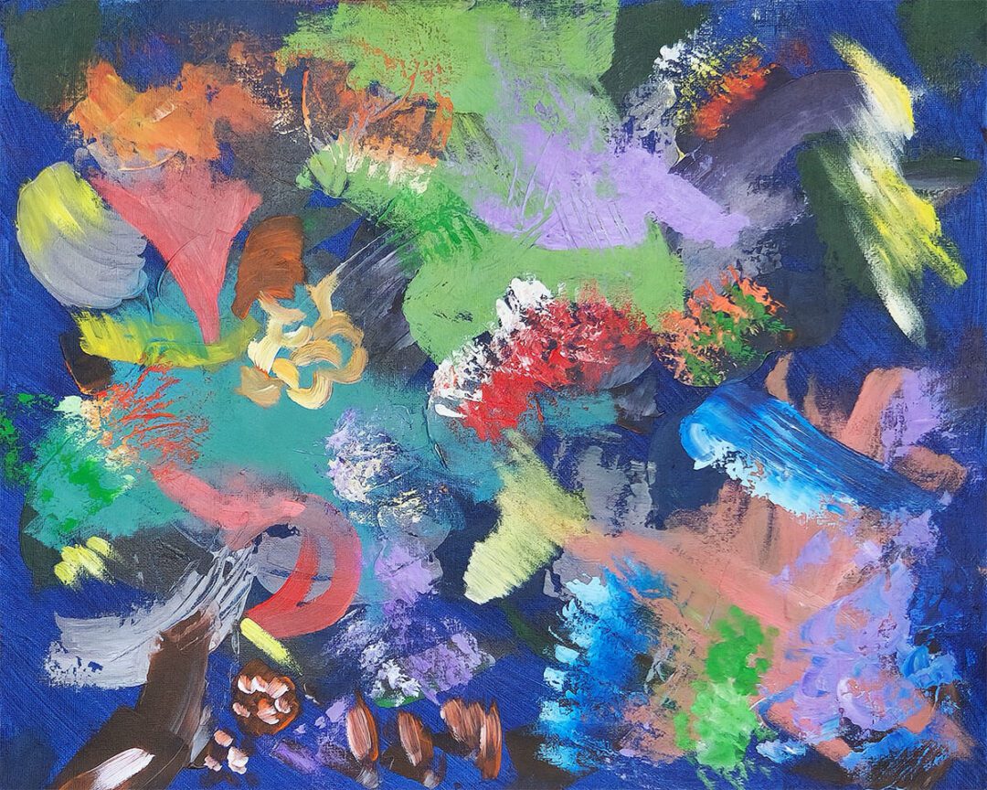"Canaries Singing" abstract acrylic painting by Geoff Swetz, coral and green melody in primary orientation