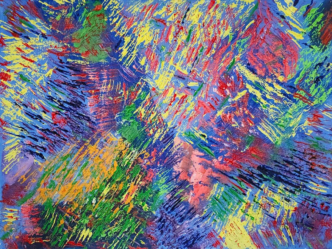 "Charged Particles" textured abstract painting by Geoff Swetz, vibrant motion in yellow and electric blue