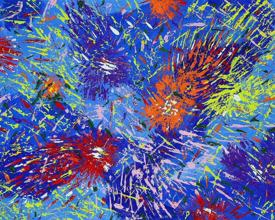 "Comet Chaos" textured abstract painting by Geoff Swetz, cosmic collision in vibrant hues