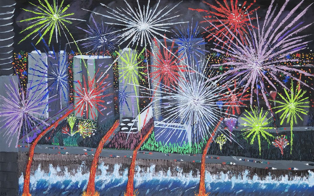 "Independence Day?" abstract cityscape by Geoff Swetz, firework bursts over melting urban scene