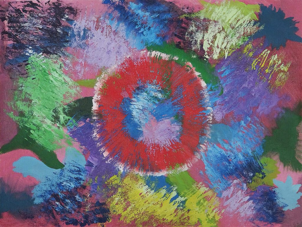 "Nebulous Eye" abstract acrylic painting by Geoff Swetz, central cosmic vortex in pink tones