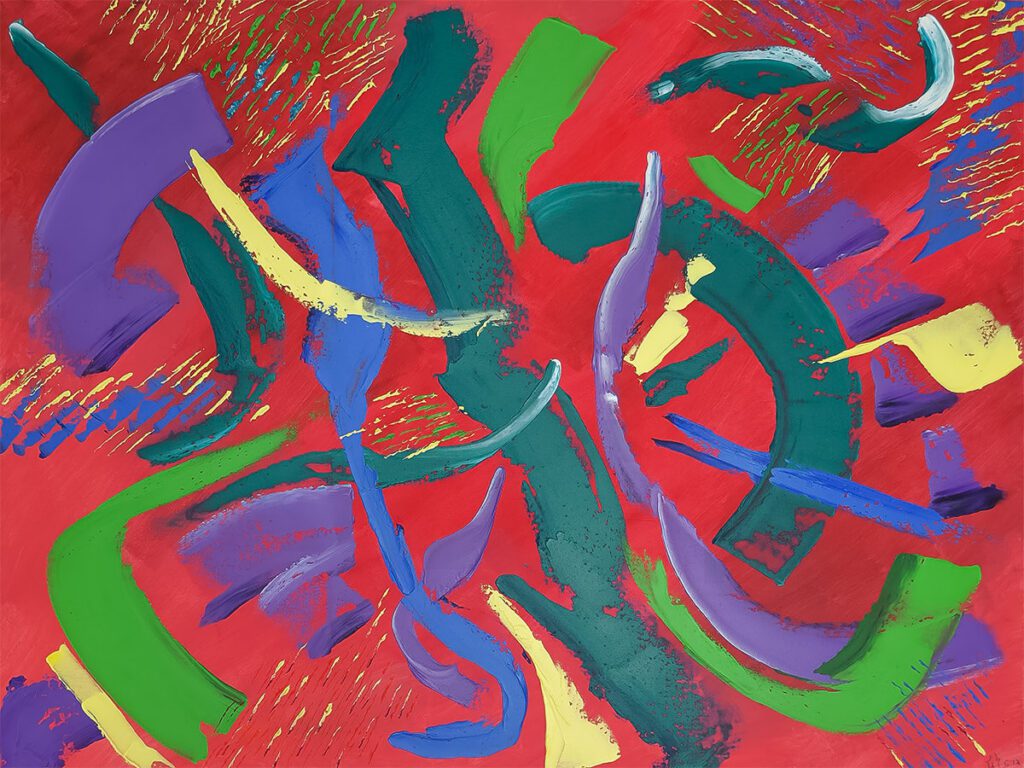 "The Report Card" is a custom abstract painting by Geoff Swetz, bold color and movement expressing academic strain