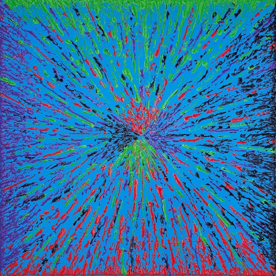 "Vortex" textured abstract painting by Geoff Swetz, spiraling blues and greens from the center